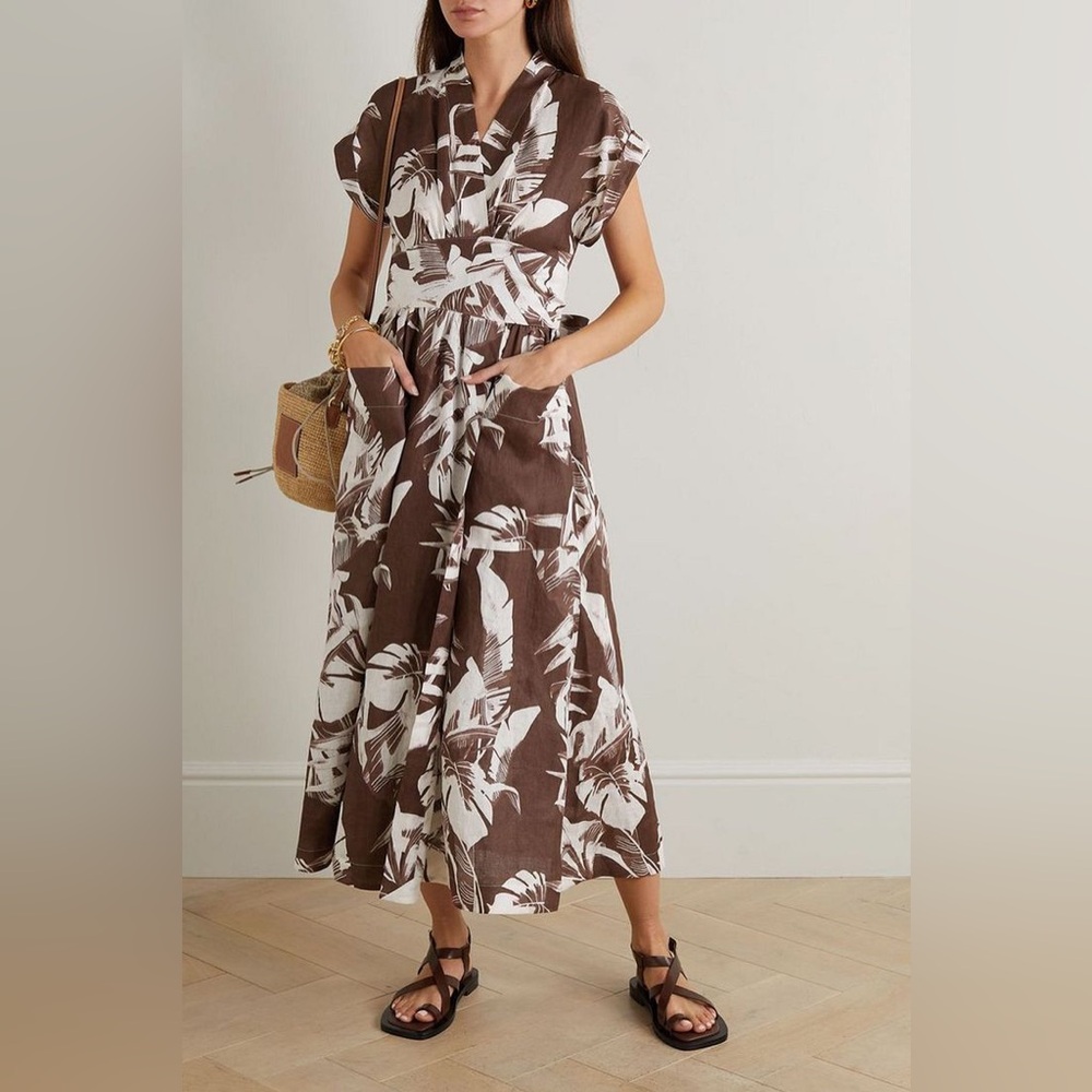 Three Graces London linen wrap pocket midi Clarissa leaf dress 14